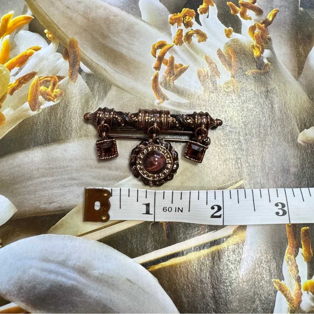 St John Vintage Enamel Bar Pin Brooch Brown Glass Crystal Dangling Charms